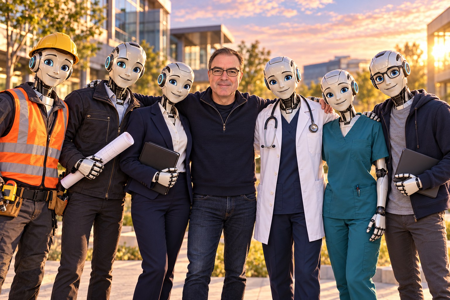 A person stands arm in arm with a line of humanoid AI agents dressed for different working roles — construction, business, medicine, nursing and engineering — outside a modern office building.